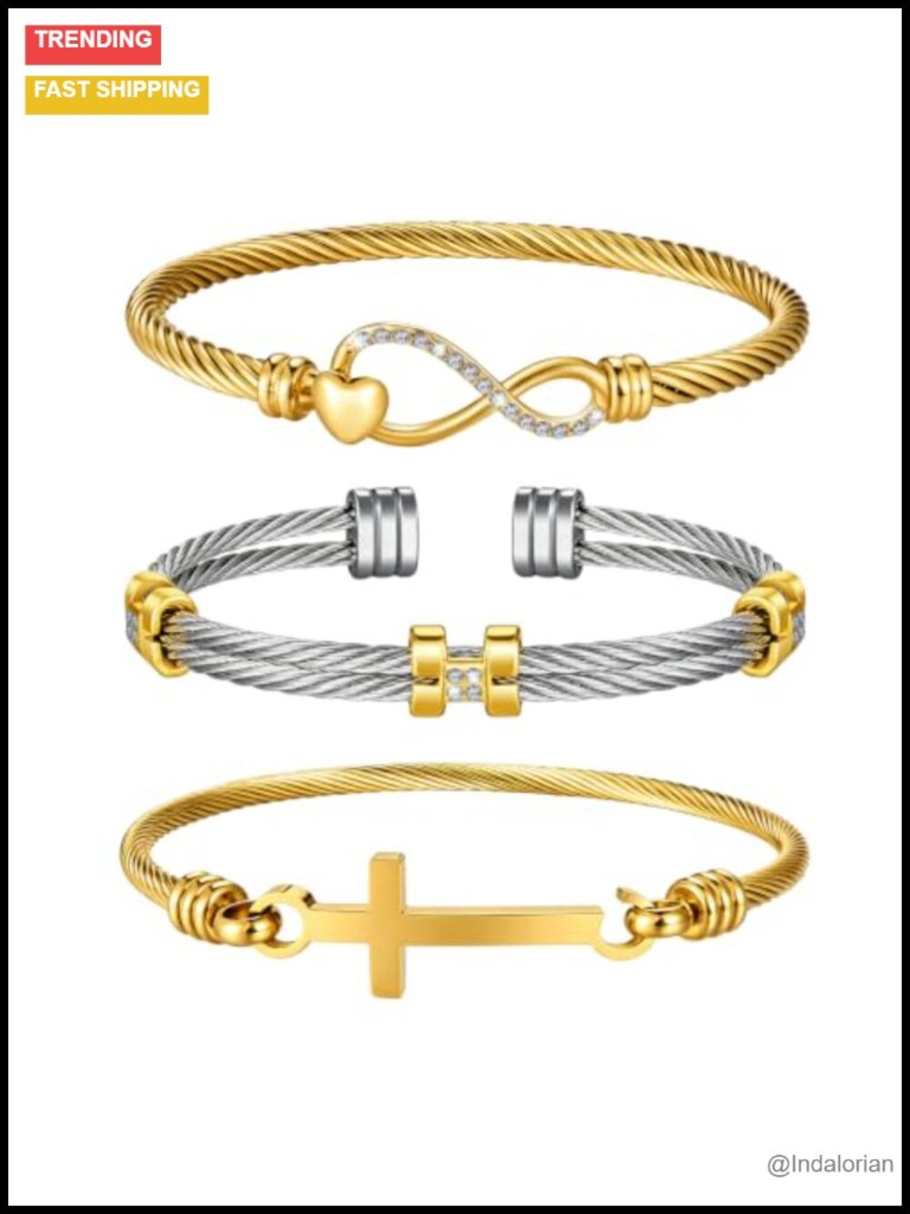 14K Gold Plated Stainless Steel Bracelet Set 3-Piece Stackable Jewelry